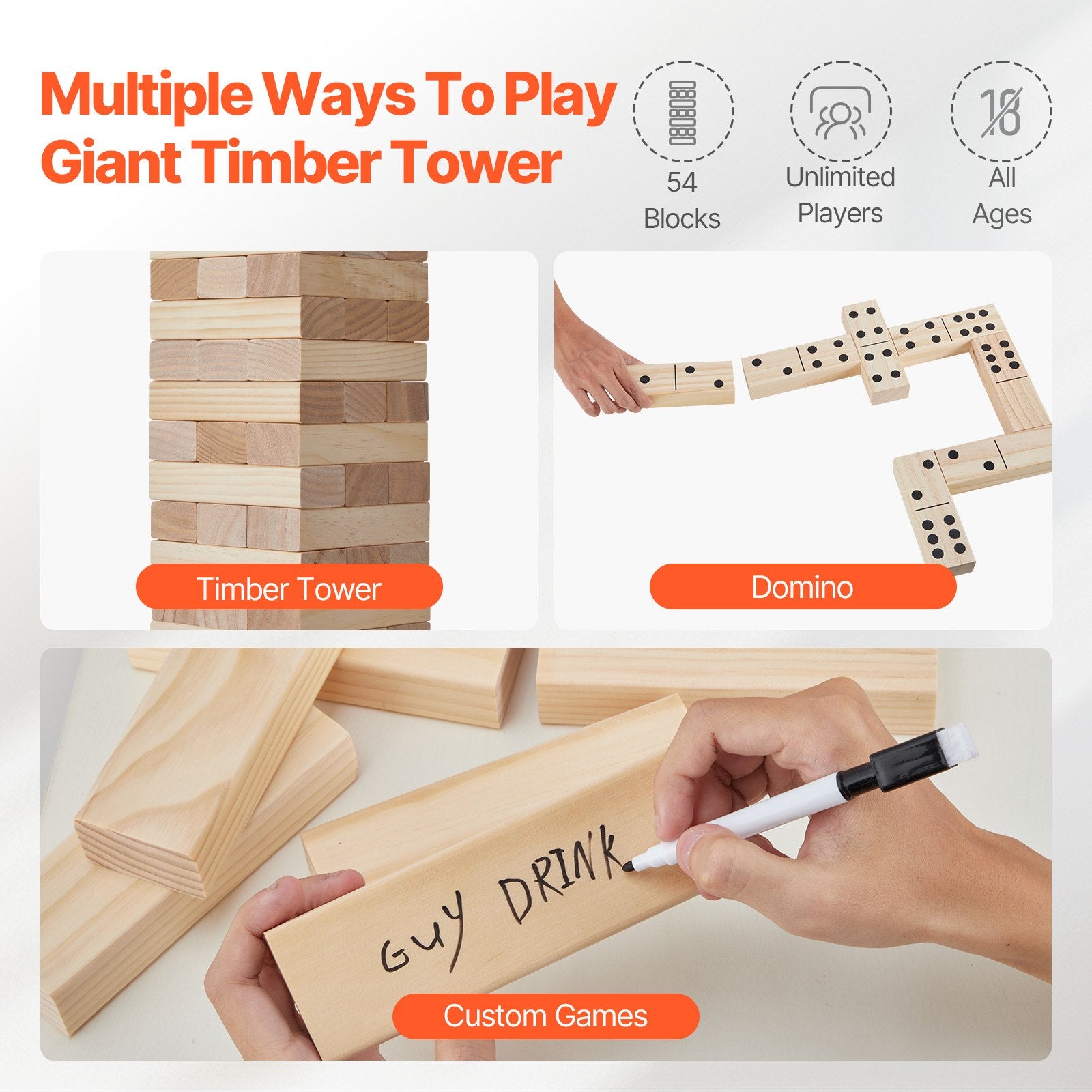 Premium Pine Wood Tumble Tower – 54-Piece Giant Stacking Game with Carry Bag